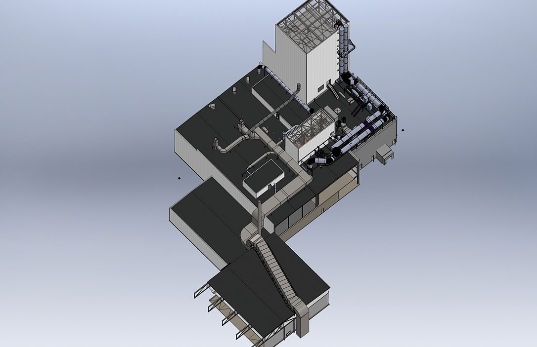 Vue 3D d'ensemble : structures métalliques et réseau de gaines
