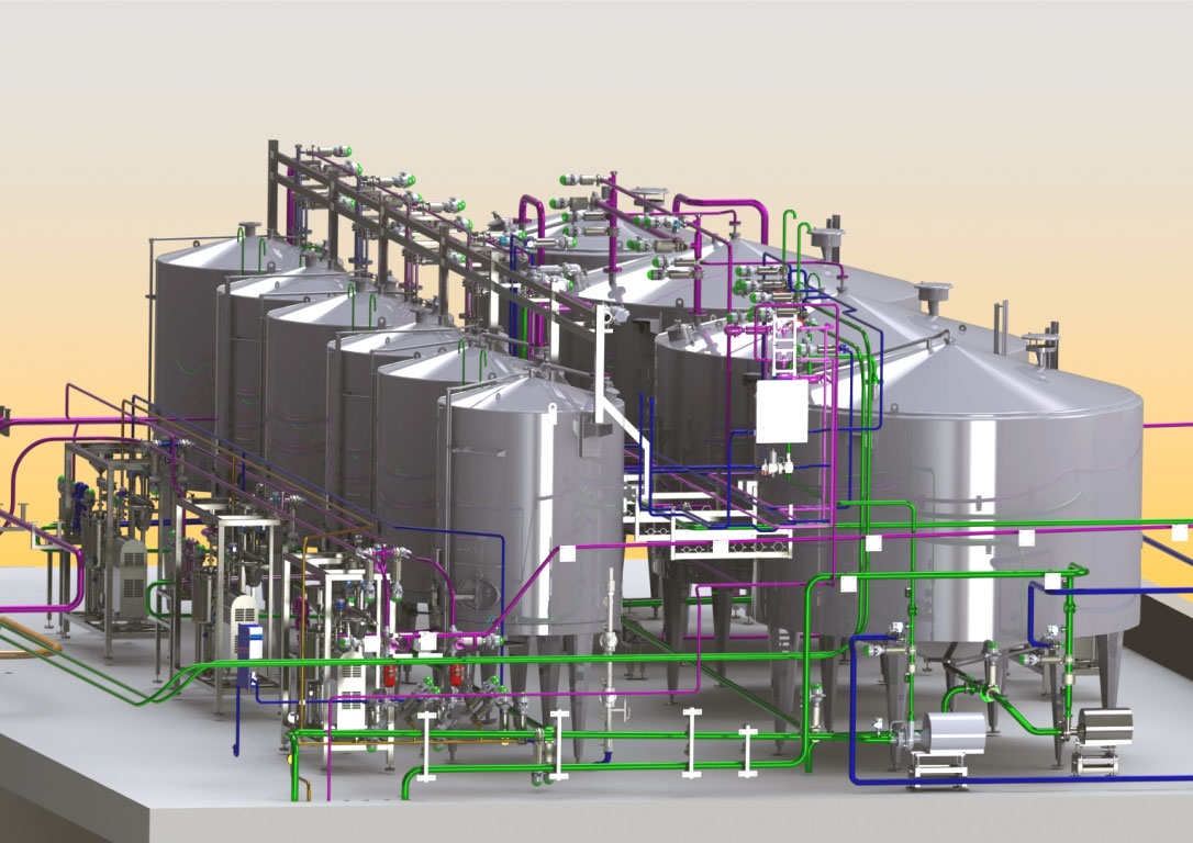 Vue 3D réseaux process et utilités de la cuverie